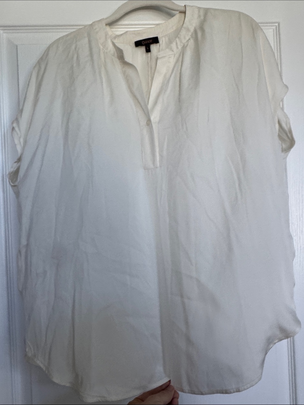 Quince Cream Silk Short Sleeve Split-Neck Blouse